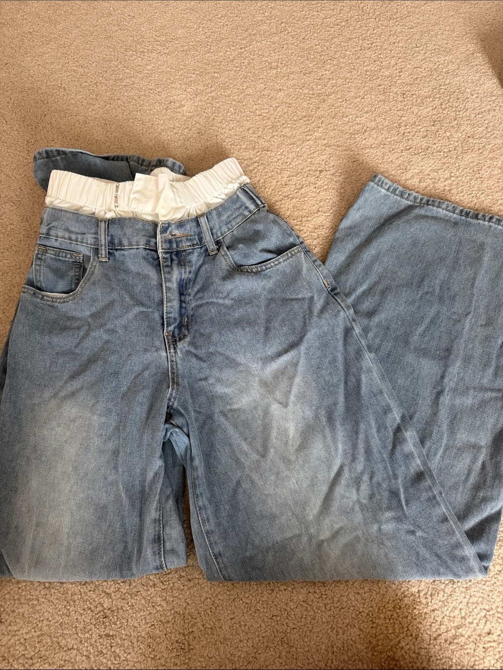 Light Wash High-Rise Wide Leg Jeans with White Elastic Waistband